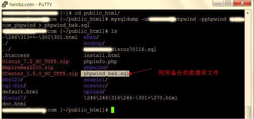 bluehost空间用ssh备份数据库